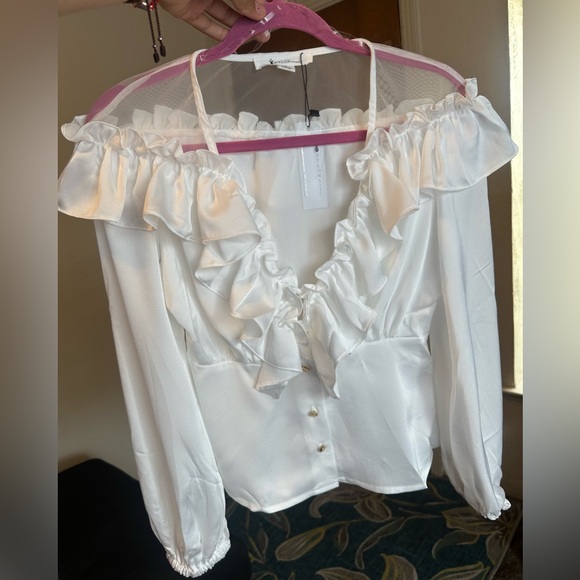 Ruffled V Neck Elastic Puff Sleeves Blouse - Picture 9 of 10